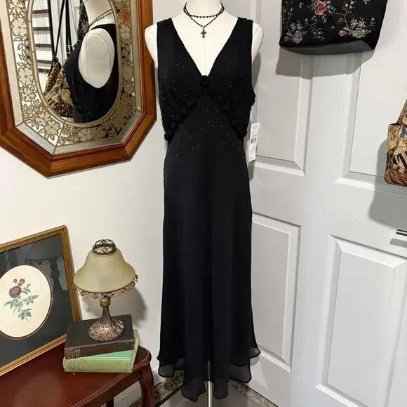 NWT VTG Y2K Karen Kane Black Silk Rosette Beaded Plunge Dark Fairy Maxi Dress L - Picture 3 of 8